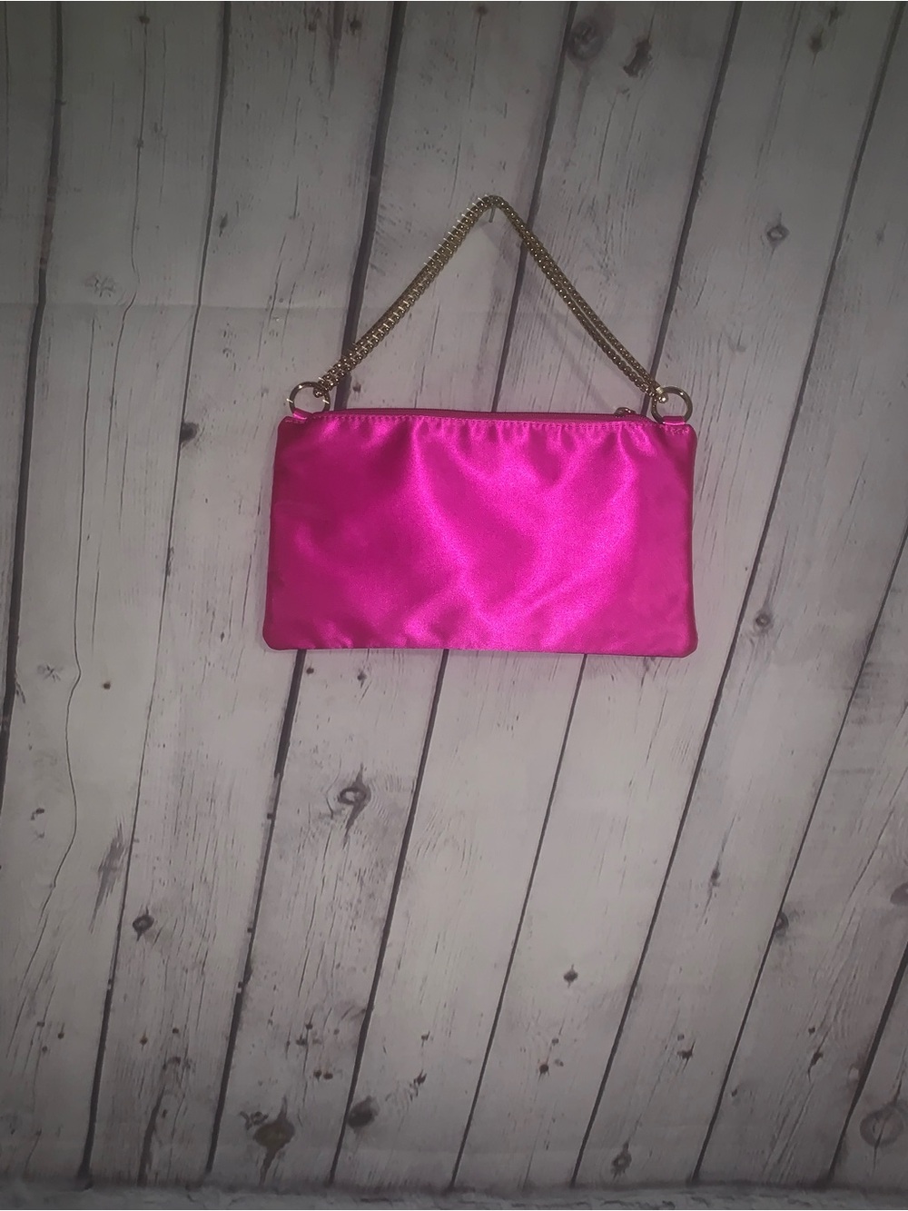 Hot Pink Satin Shoulder Bag with Gold Chain Handle